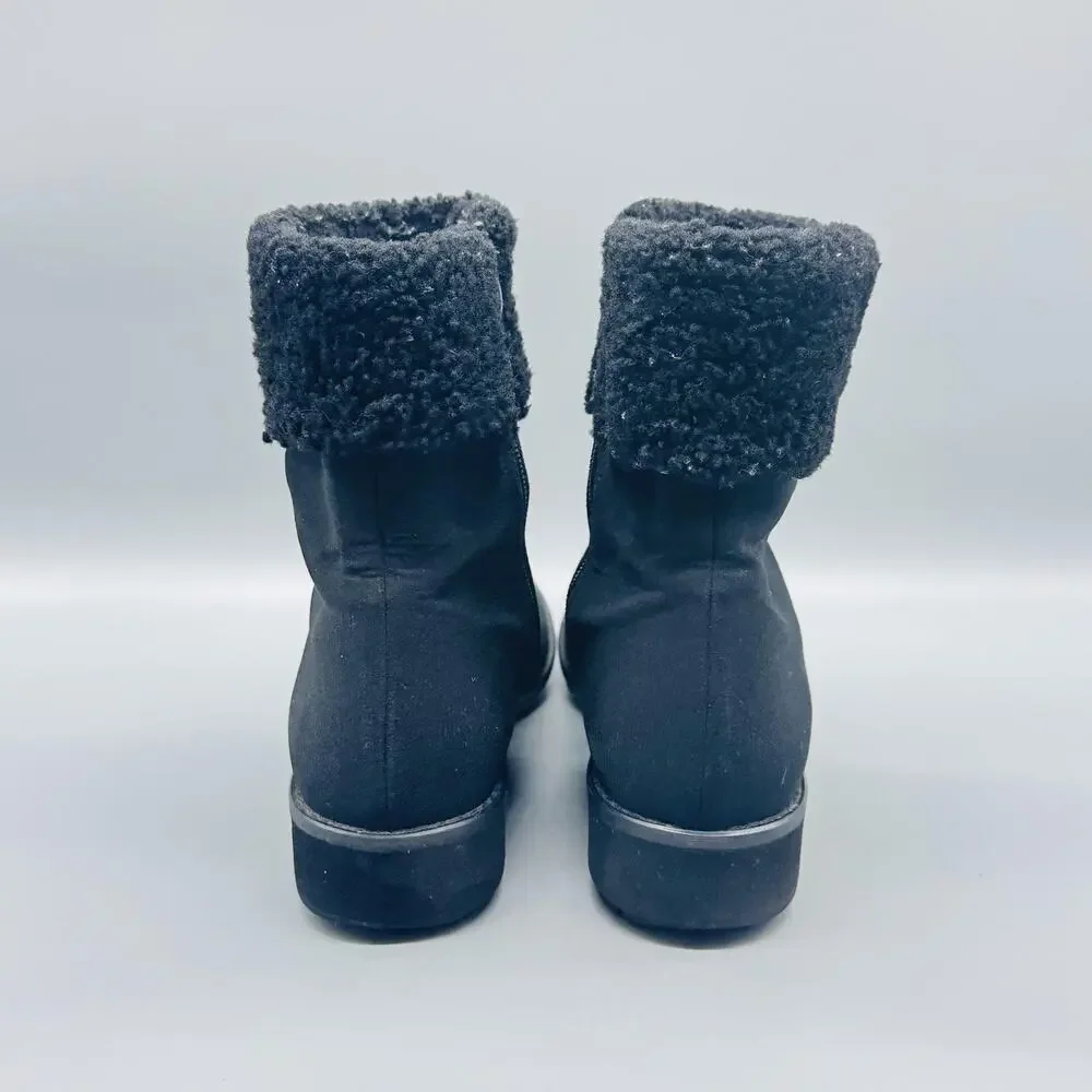 Stuart Weitzman Boots Womens 8 Black Ankle Shearling Cuff Side Zip Wedge Winter